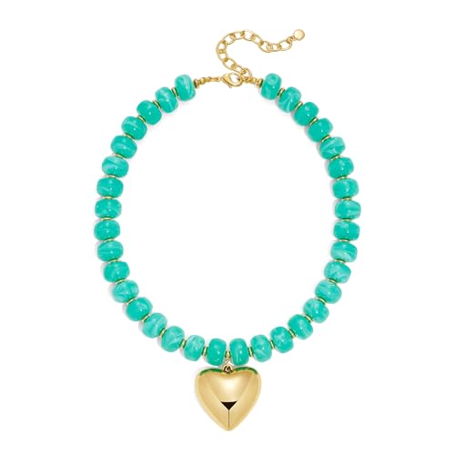 Gold Heart Pendant Necklaces for Women Colorful Acrylic Resin Beaded Choker Necklace Fashion Chunky Statement Beaded Heart Necklace - color: Lake-blue