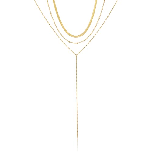 3PCS Gold Necklaces for Women,Chunky Statement Gold Plated Necklace Stack Layered Sterling Silver Herringbone Chains for Women Dainty Trendy Silver Chains Stacked Jewelry Gifts - color: gold Y-necklace set