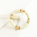 LALAPPLE Gold Plated Beaded Acrylic Bamboo Tube Bangle Bracelets for Women, Colorful Chunky Curved Tube With Gold Plated Pieces Beads Stretch Bracelet Friendship Summer Beach Jewelry - color: A-Ivory