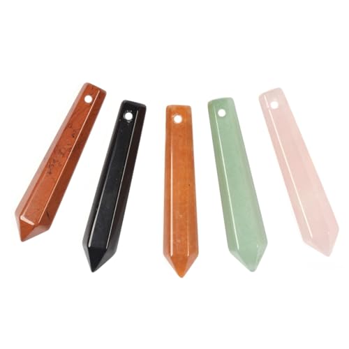 50mm Natural Red Jasper Black Obsidian Pink Quartz Aventurine Hexagonal Wand Jewelry Making Crystal Pointed Chakra Reiki Healing Beads 2mm Hole Drilled(Pack of 5) - color: Mix Gemstone