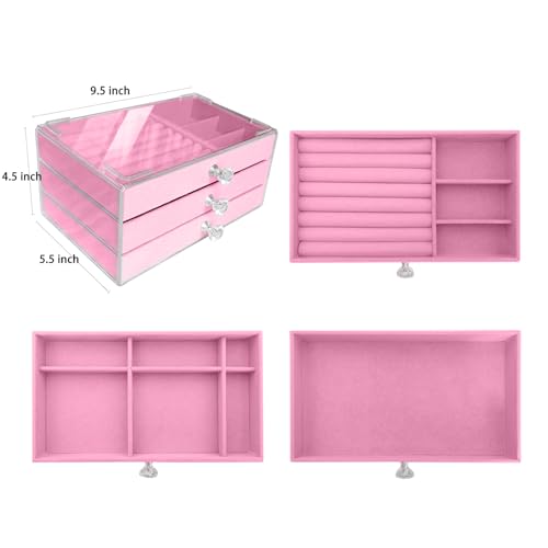 Clear Acrylic Velvet Jewelry Organizer with 3 Drawers, Stackable Display Storage Earrings Necklace Rings Bracelets Box Holder Case for Women, Pink - color: Pink