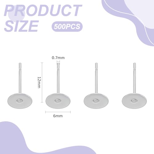 UNICRAFTALE About 500Pcs 6mm Flat Pad Stud Earrings Stainless Steel Flat Round Stud Earring Findings Earrings Post Blank Earring Pads for DIY Jewelry Making - size: 6mm Diameter