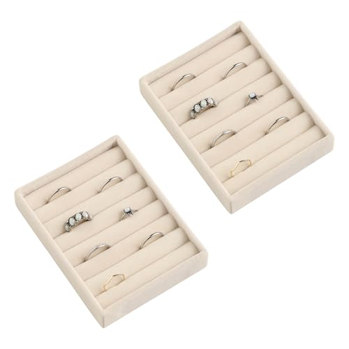 Frebeauty Small Jewelry Tray Set,Velvet Ring Organizer,Stackable Jewelry Organizer Tray,Mini Jewelry Drawer Organizer,4.92 x 3.74 x 0.9 Inches,7 Slots Ring Tray for Women(Set 2,Beige) - color: Beige, size: 7 Slots Set 2