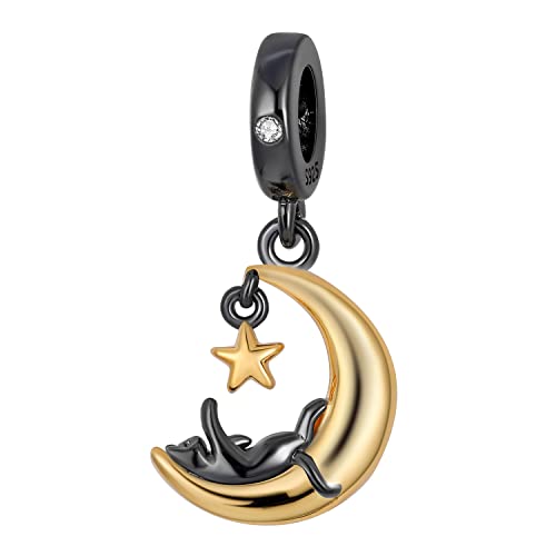 MULA 925 Sterling Silver Charms for Bracelets and Necklaces Lipstick and Bag Dangle Pendants Tower Camera Beads Jewelry Charms for Women - color: Cat and Moon Charm
