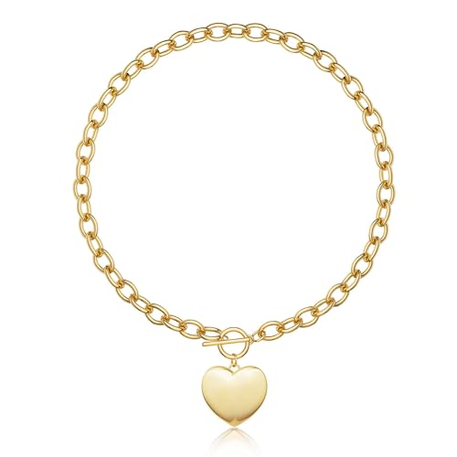 CHESKY 14K Gold Plated Chunky Necklace for Women, Trendy Paperclip Chain Necklace Thick Cross Heart Pendant Necklace Layered Herringbone Cuban Link Chain Toggle Necklaces Non Tarnish Jewelry - color: gold, style: heart