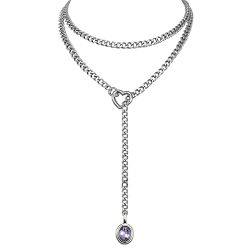 Heart Slip Chain Necklace for Women, 39 Inch Cuban Chain, Removable Heart O-Ring, Crystal Pendant, Adjustable Stainless Steel Y-Necklace - color: Silver-Purple