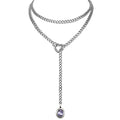 Heart Slip Chain Necklace for Women, 39 Inch Cuban Chain, Removable Heart O-Ring, Crystal Pendant, Adjustable Stainless Steel Y-Necklace - color: Silver-Purple