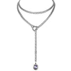 Heart Slip Chain Necklace for Women, 39 Inch Cuban Chain, Removable Heart O-Ring, Crystal Pendant, Adjustable Stainless Steel Y-Necklace - color: Silver-Purple