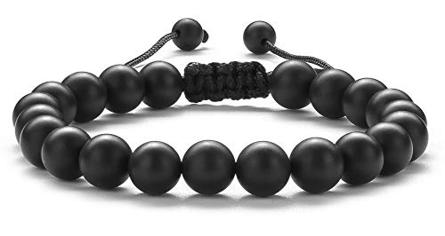 Hamoery Men Women 8mm Tiger Eye Stone Beads Bracelet Elastic Natural Stone Yoga Bracelet Bangle - color: Black Matte Agate-21018