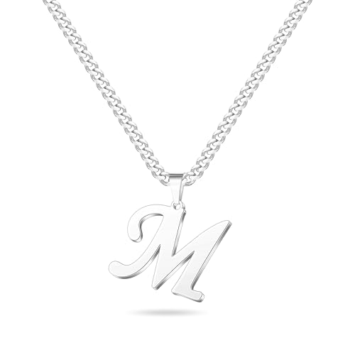 LUXEJEW Initial A-Z Letter Necklace for Men Boys Women, Stainless Steel Cuban Link Chain Letter Pendant Necklaces Capital Monogram Necklace Jewelry Gifts for Men 20+2 Inches - color: Silver, size: Letter M