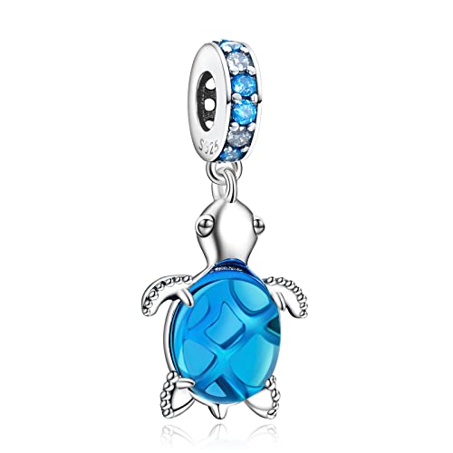 925 Silver Charms Pendants For Pandora Bracelet Golden charms Bead Safety Chain Clip set Heart Flower Animal Beads Family, Mom, Friend, Daughter, Birthday, Jewelry Gift - style: G-Blue Turtle