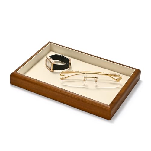 Solid Wood Flat Jewelry Tray Microfiber Necklace Bracelet Ring Earring Watch Bangle Stackable Drawer Organizer for Storage Display (Cream White) - style: 1 Grid