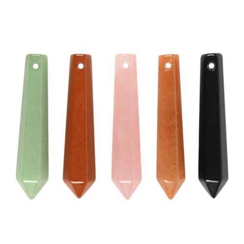 50mm Natural Red Jasper Black Obsidian Pink Quartz Aventurine Hexagonal Wand Jewelry Making Crystal Pointed Chakra Reiki Healing Beads 2mm Hole Drilled(Pack of 5) - color: Mix Gemstone