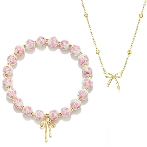 Bow Bracelet Necklace Set 14K Gold Beaded Bracelet Dainty Bow Pendant Choker Jewelry Gift Set - color: Pink 2