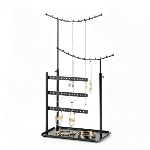 LAMU Jewelry Organizer, 5 Tier Jewelry Stand Display with Anti Entanglement Necklace Holder Tree, Height Adjustable Stroage for Earrings Rings Studs Bracelet, Valentines Day Gifts for Women, Black - color: Black
