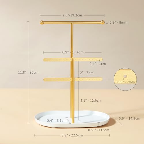 Saydear Elegant Jewelry holder Organizer 2-Tier Display Storage Stand for Earrings Necklaces with Ring Tray Spacious and Durable, Easy to Assemble White & Gold - color: White & Gold