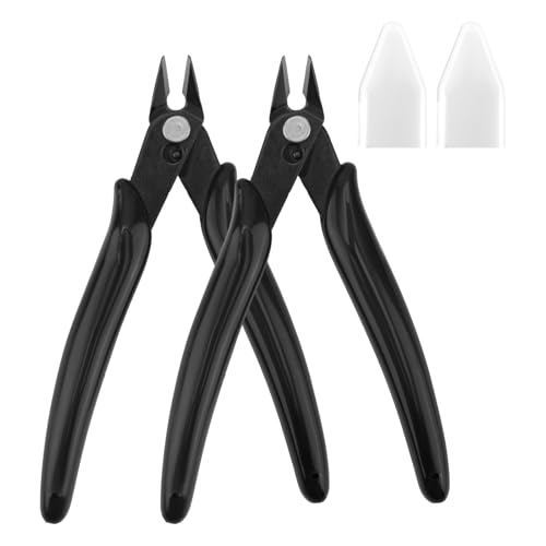 2pcs Micro Mini Small Wire Cutters, Anti-Slip Rubber Black Flush Sprue Cutter Needle Nose Cutting Pliers with 2 Plastic White Covers Portable Hand Tools for Floral Electronics Jewelry Model Making