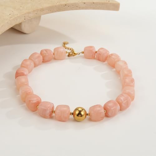 Chunky Acrylic Resin Beaded Necklace for Women Colorful Large Round Choker Adjustable Stack Acrylic Beads Necklace Resin Summer Party Jewelry - style: Peach Pink