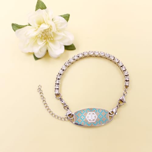 Women's Medical ID Bracelet with White Zircon Tennis Chain, Interchangeable Engraved Plate, Adjustable Lobster Clasp, Lightweight, Hypoallergenic, for Running, Outdoor, Daily Wear - color: Green-ELIQUIS