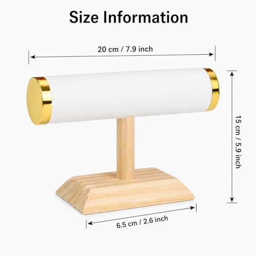 Jewelry bracelet Display T-Bar Stand 9 inch White PU Bracelet Holder with Gold Metal Ends 1-Tier Jewelry Organizer with Natural Pine Base, Bangle & Watch Display for Retail & Vanity - color: Round PU White
