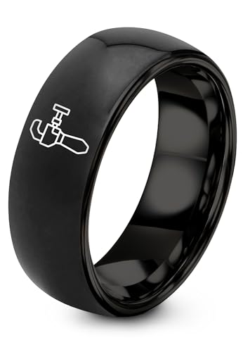 Chain Tool Ring - Gift for Cyclist - 8mm - Band - Gunmetal Black Silver - Personalized Custom Engraving - Men Women - Anniversary Engagement Wedding - Tungsten Carbide - Flat Dome Bevel - color: 01 - Black Tungsten