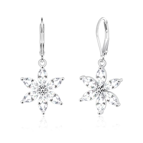 925 Sterling Silver Flower Dangle Earrings for Women, Daisy Flower Dangling Leverback Earrings, Cubic Zirconia Dangly Earring 14k Gold Plated Hypoallergenic CZ Floral Drop Earing for Women Trendy Jewelry Gifts - color: Silver