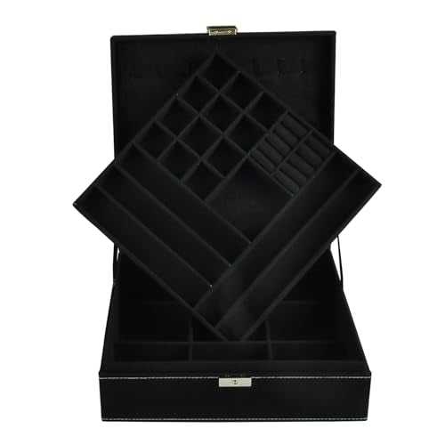 Jewelry Boxes 10 x 10 Inches 2-layer Handle Necklace Holder Organizer Jewellery Women Rings Storage Display Girls Earrings Case Lockable Jewelry Tray GY641 (Black) - color: Black