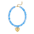 Gold Heart Pendant Necklaces for Women Colorful Acrylic Resin Beaded Choker Necklace Fashion Chunky Statement Beaded Heart Necklace - color: Light blue