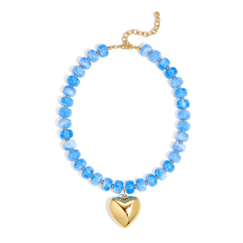 Gold Heart Pendant Necklaces for Women Colorful Acrylic Resin Beaded Choker Necklace Fashion Chunky Statement Beaded Heart Necklace - color: Light blue