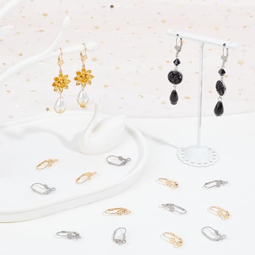 Beebeecraft 1 Box 48Pcs Leverback Earring Findings Stainless Steel 2 Colors French Earring Hooks Flower Pattern Dangle Ear Wire Findings for Jewellery Making - color: Small Flower Leverback Earring