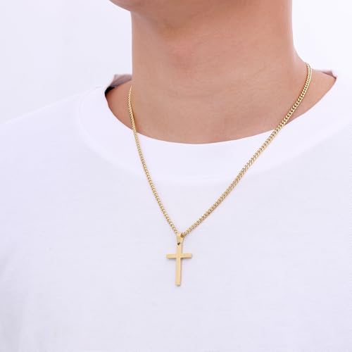 Fiusem Easter Basket Stuffers Cross Necklace for Men and Women, 14K Gold Plated Mens Cross Necklaces with 3.5mm Cuban Chain, Stainless Steel Pendant Chain 16-24 Inches - size: 22 Inches, style: Small gold cross:1.2"*0.75"