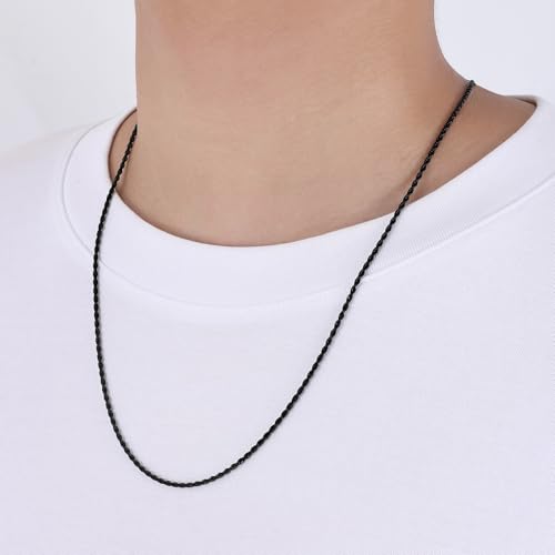 Fiusem 18K Gold Plated Rope Chain for Men, 18K Gold Plated/Black Chain Necklace, Stainless Steel Necklace for Men and Women, Jewelry Gifts - size: 28 Inches, style: Black 2mm