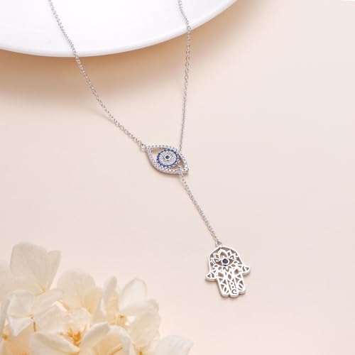 Long Necklace Sterling Silver Larait Bar Y Lariat Long Chain Drop Adjustable Necklace Gift for Her, 30" - style: Evil Eye Hamsa Hand Necklace
