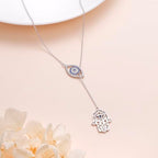 Long Necklace Sterling Silver Larait Bar Y Lariat Long Chain Drop Adjustable Necklace Gift for Her, 30" - style: Evil Eye Hamsa Hand Necklace