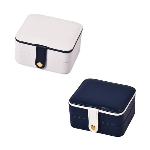 2-Pack Blue & White Travel Jewelry Box Square, Easy Carried Small Jewelry Organizer for Women Girls, PU Leather Mini Holder Box Storage Case Portable, Necklace, Earring, Rings, Bracelet - color: White & Blue ( Square )