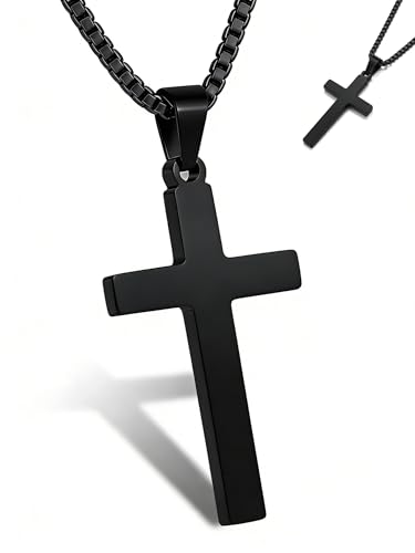 Cross Necklace for Men Silver Premium Alloy Solid Color Cross Pendant Necklace for Men Women Teens - color: Black-Stainless Steel-20inch