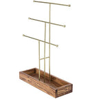 MyGift Handmade 3-Tier Brass Metal Jewelry Tree Organizer Stand and Ring Tray with Solid Acacia Wood Base, T Bar Necklace and Bracelet Display Rack, Handcrafted in India