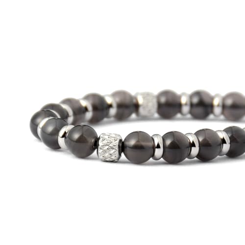 Ganbatte Handmade Beaded Bracelet, Natural Stone and Silver Stainless Steel, Boho Style Women's Jewelry - color: Obsidian/Black Ice