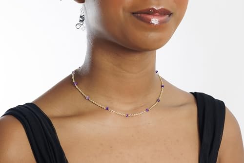Dainty Gold Necklace for Women,Trendy 18k Gold Vermeil Sterling Silver Choker Necklace Thin Beaded Choker Necklaces Womens Simple Jewelry Gift for Valentines Day - color: February - Amethyst