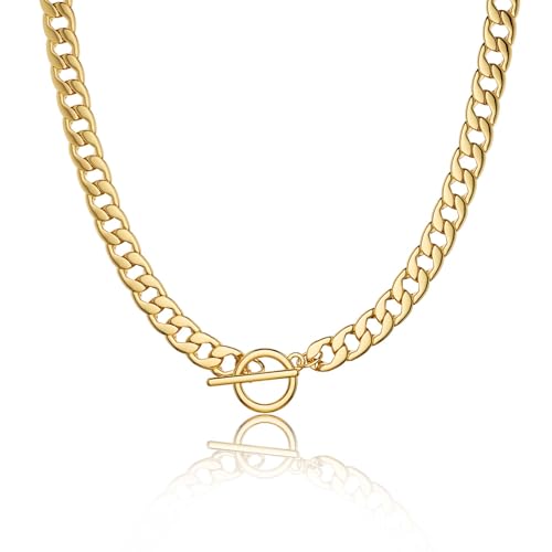 CHESKY 14K Gold Plated Chunky Necklace for Women, Trendy Paperclip Chain Necklace Thick Cross Heart Pendant Necklace Layered Herringbone Cuban Link Chain Toggle Necklaces Non Tarnish Jewelry - color: gold, style: cuban