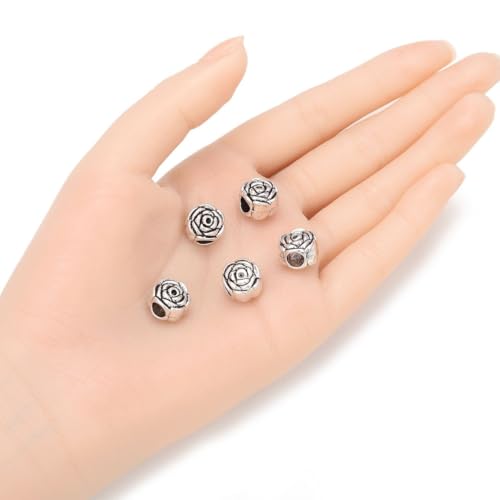 40pcs Rose Flower Large Hole Loose Beads (4.5mm Hole) Antique Silver Metal Spacer for DIY Craft Jewelry Making MEC-E3 - size: Rose Bead