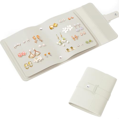 QBestry Earring Holder Organizer Book for Travel, 42 Pairs Stud Earrings Organizer with Staggered Holes & Snap, Waterproof PU Leather Earring Storage Case Portable Earrings Book for Women Girls -Beige - color: Beige