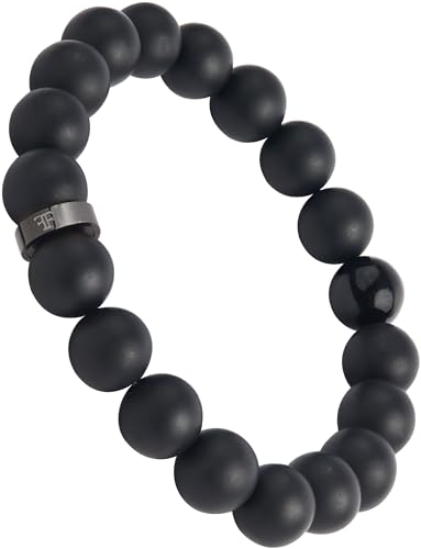 Forge & Foundry Men’s Matte Black Solid Onyx Beaded Bracelet | 10mm, 8mm, 6mm Bead Size Options | Signature Stainless Steel Engraved Bead | Andalus - color: 10mm Black, size: Medium