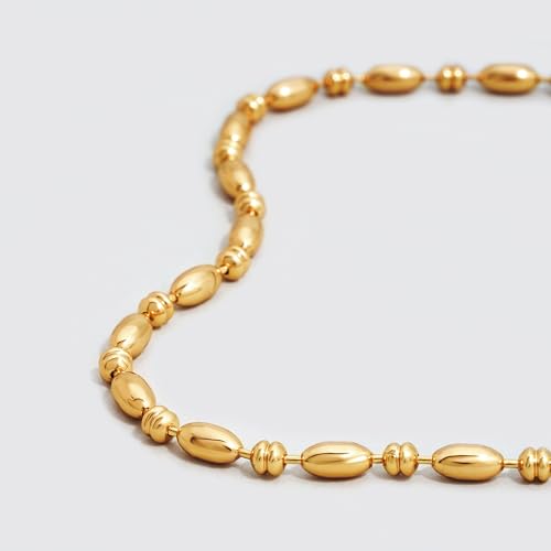 Dremmy Studios Dainty Gold Choker Necklace for Women 14K Gold Plated Coin Disc Figaro Layered Beaded Flat Mariner Sideways Cross Wishbone Link Clavicle Necklaces - style: 3.0mm Beaded Chain
