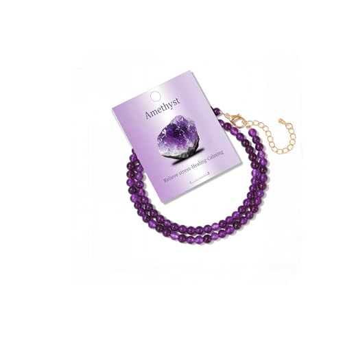Crystal Choker Necklaces for Women,4mm Handmade Natural Stone Choker Beaded Necklace Healing Crystal Necklace Gemstone Bead Necklaces for Women - color: Amethyst