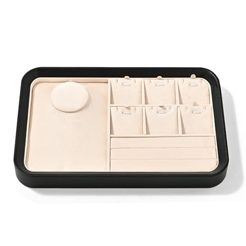 Oirlv Jewelry Display Tray for Vendors Velvet Jewelry Tray with Compartments for Rings and Necklaces(Beige) - color: Beige P21703