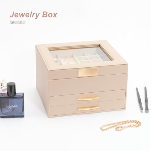 Jewelry Organizer Box, Jewelry Holder Organizer 3 Layers with 2 Drawers, Jewelry Boxes Display Earring Necklace Watch Bracelet and Rings - Glass Lid Apricot - color: A Glass Lid Apricot