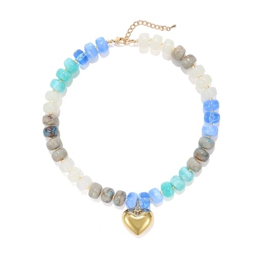 Chunky Heart Necklace for Women, Colorful Acrylic Beaded Statement Puff Heart Necklace, Cute Boho Y2K Choker Necklace for Gift Jewelry - color: Gray-blue