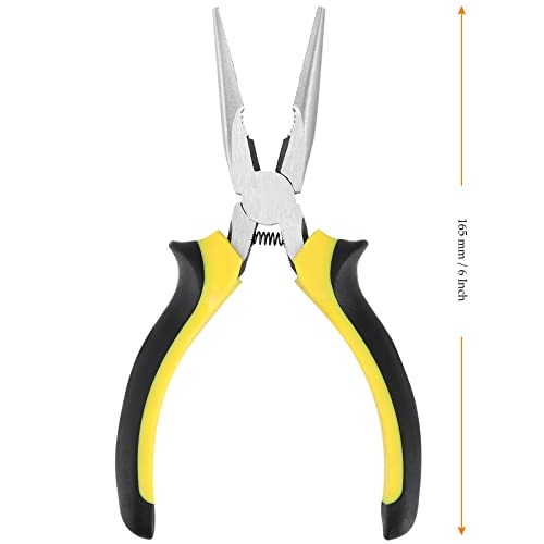 MUKCHAP 6 Pack 6 Inch Needle Nose Pliers, Spring Loaded Long Nose Pliers with Wire Cutter, Plastic Handle Needle Nose Pliers with Strippers for Cutter and Bending Wire, Black Yellow