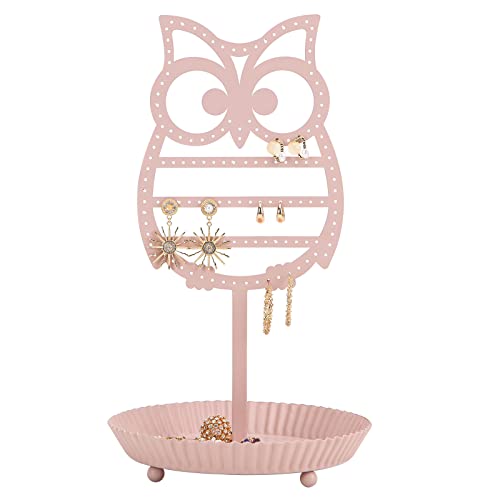 NIKKY HOME Earring Holder Hanging Organizer Stand Metal Jewelry Tree Table Top Owl Ear Stud Holder Tower Rack with Ring Tray for Girls (134 Holes), Pink - color: Pink